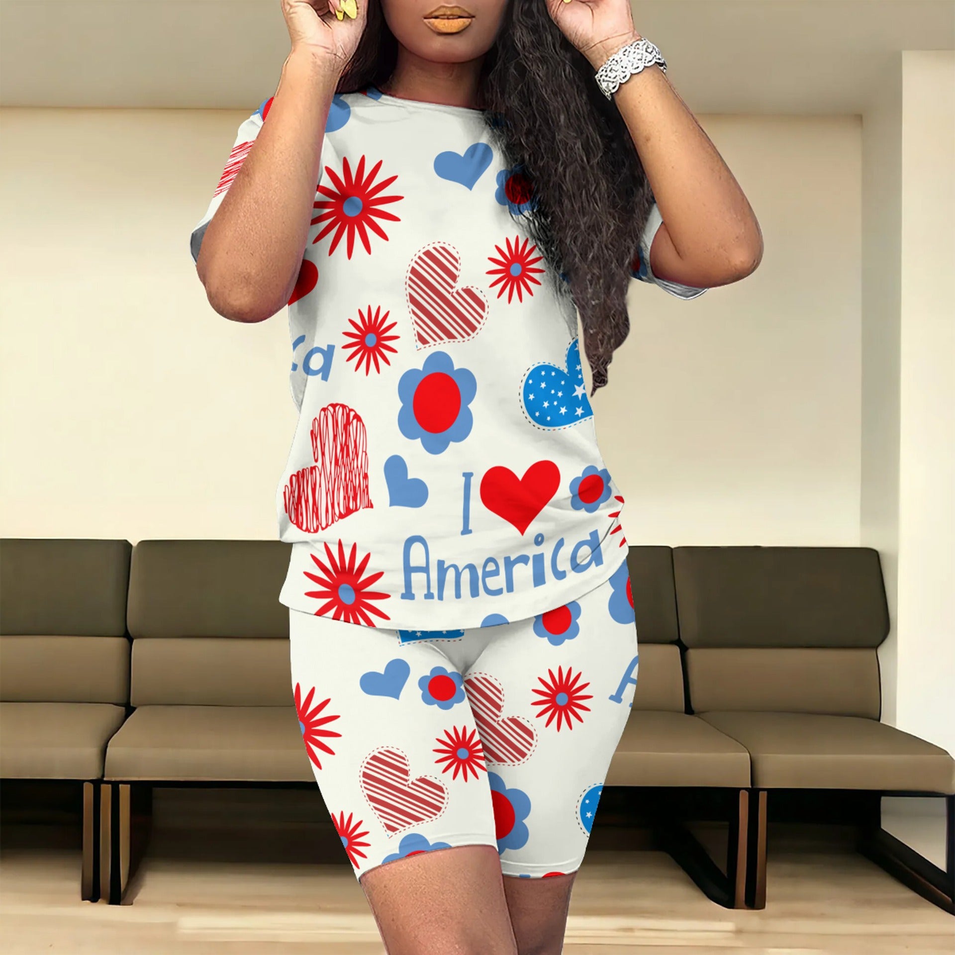 American Flag Print Fashion Casual Women's Short Sleeve T-Shirt Shorts Two Piece Set 10