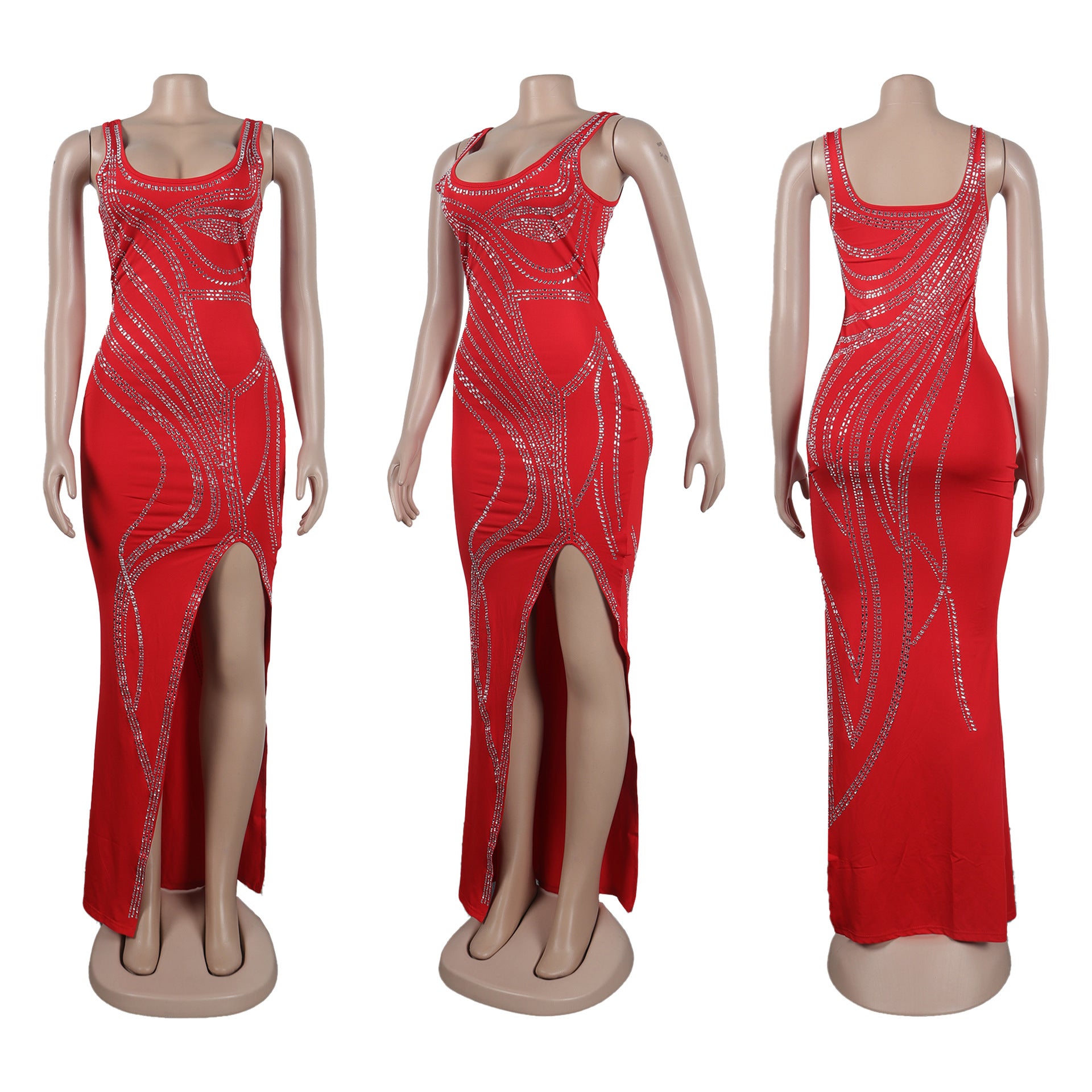 Women Sexy Beaded Sleeveless Bodycon Slit Dress 27