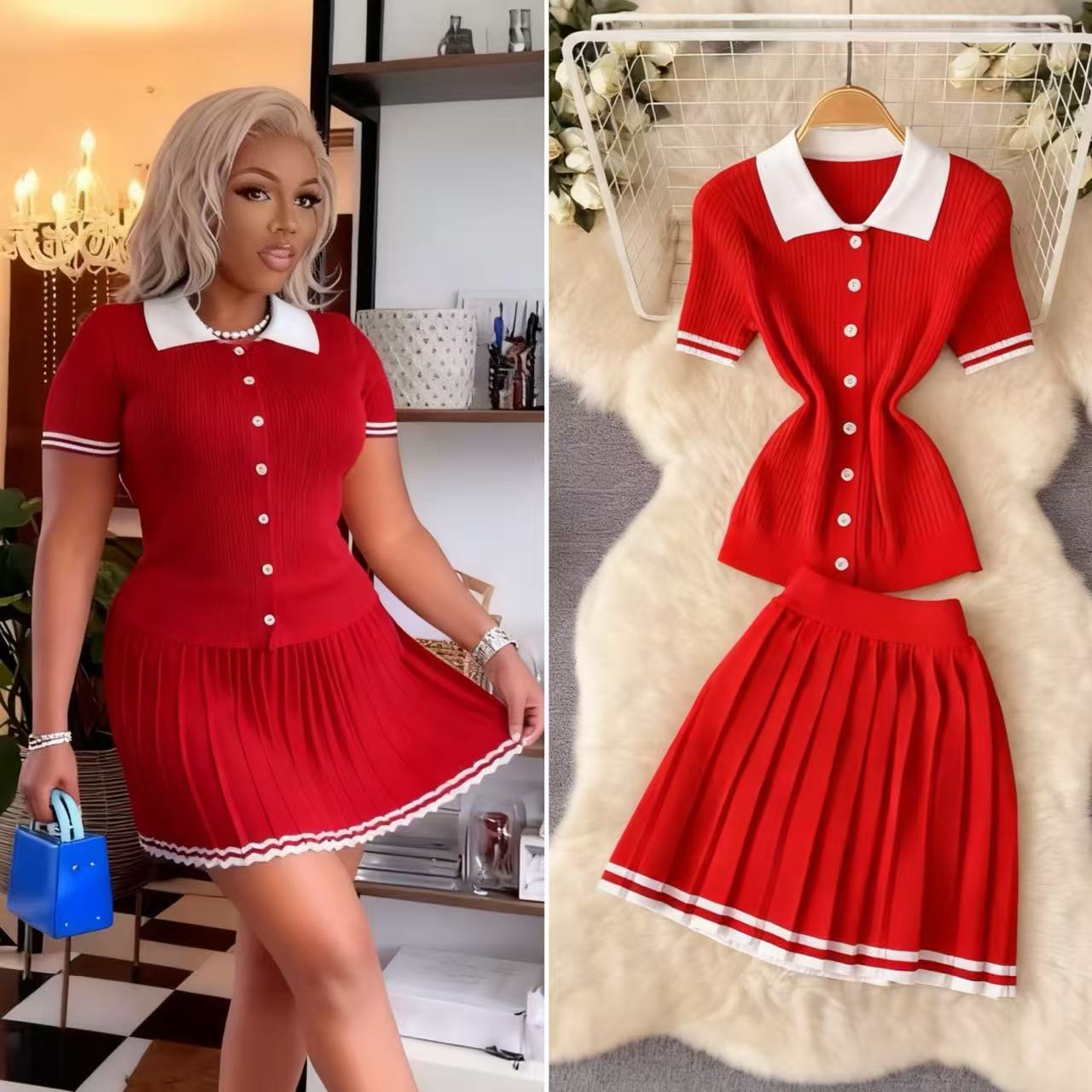 Women Contrast Color Polo Neck Short-Sleeved Top and Pleated Skirt Two-Piece Set 10
