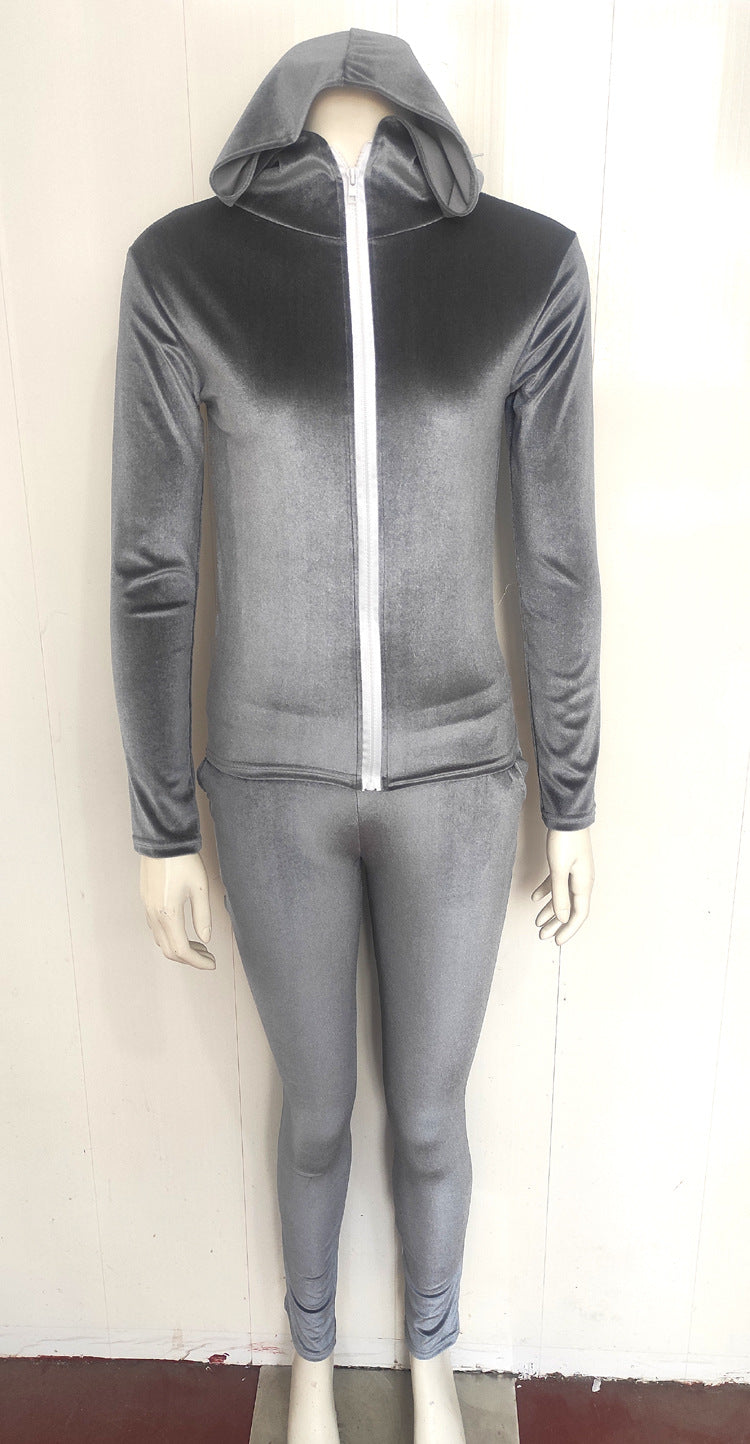 Women Fall and Winter Casual Velvet Hooded Zippered Top Long Pants Two-piece Set 17