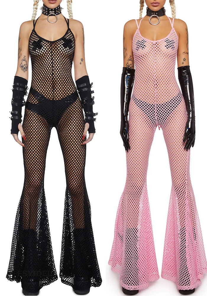 Women Sexy Backless Lace Up Bell Bottom Jumpsuit