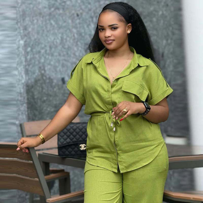 Plus Size Women Casual African Solid Turndown Collar Top and Trousers Two-piece Set 5