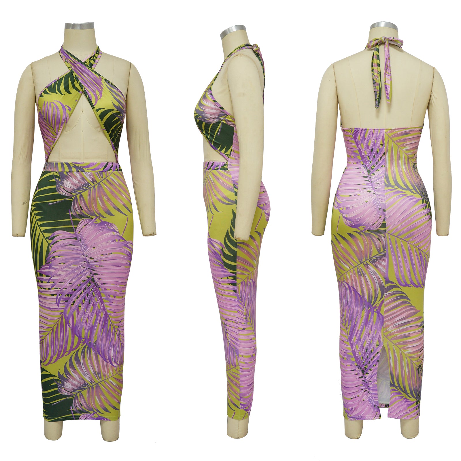 Women's Sexy Sleeveless Lace-Up Low Back Dress Slit Print Maxi Dress 14