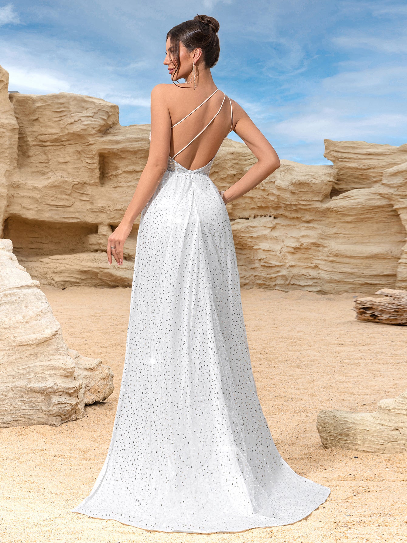 Women White Sequin One Shoulder Slit Wedding Bridesmaids Evening Dress 3