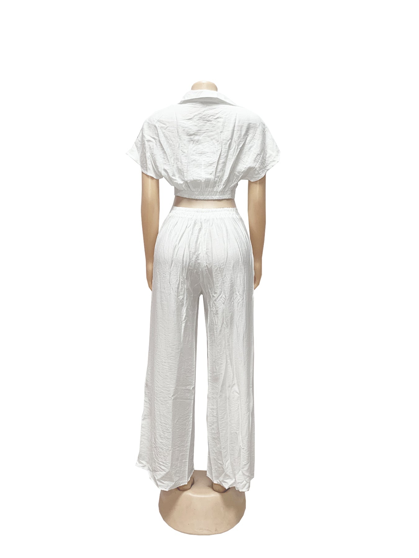 Women Casual Holidays Summer Turndown Collar Short Top & High-Waist Wide-Leg Pants Set 23