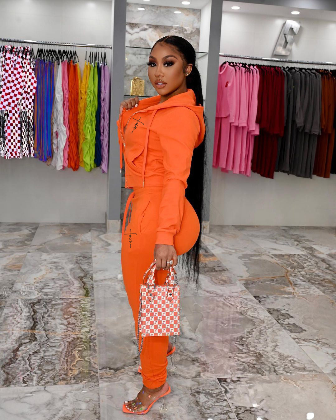 Women Casual Zip Print Long Sleeve Top and Pant Two Piece 12