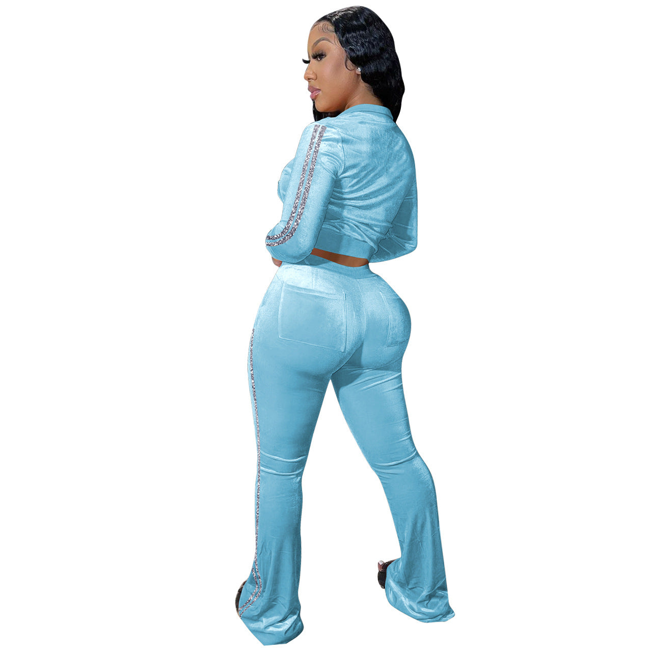 Women's Solid Velvet Casual Zip Top Wide Leg Pants Two Piece Tracksuit 53