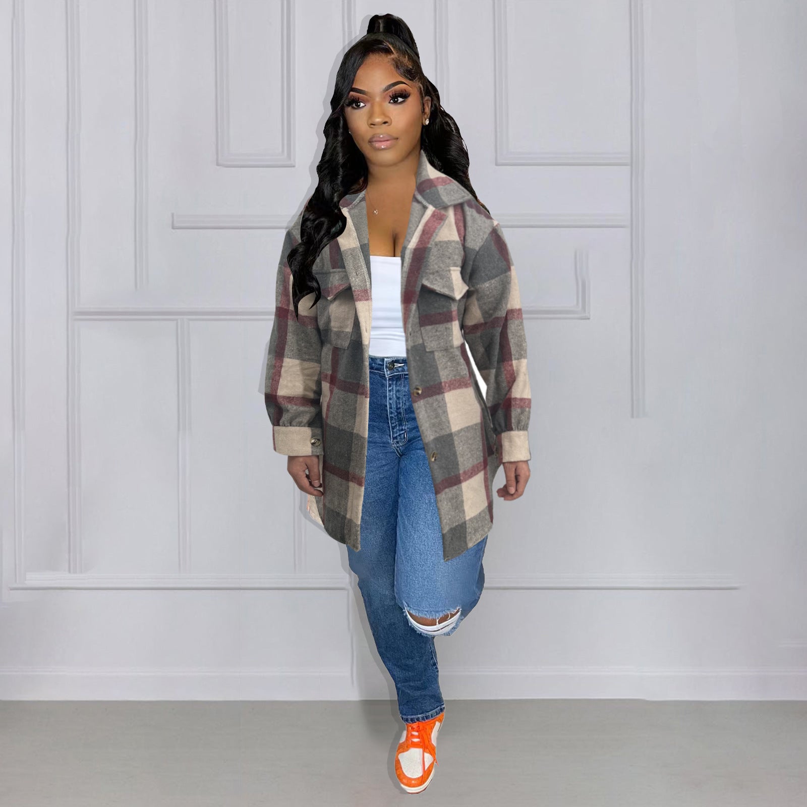 Women Autumn and Winter Loose Plaid Shirt 10