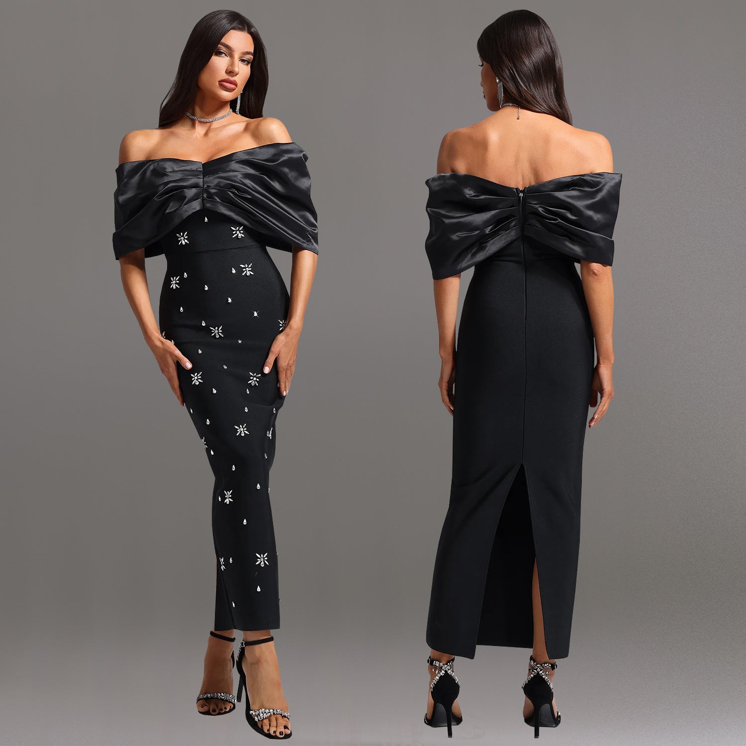 Chic Slim Waist Off-Shoulder Beaded Dress for Women