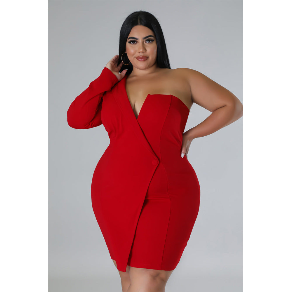 Plus Size Women'S Summer One Sleeve Solid Tight Fitting Sexy Formal Dress 4