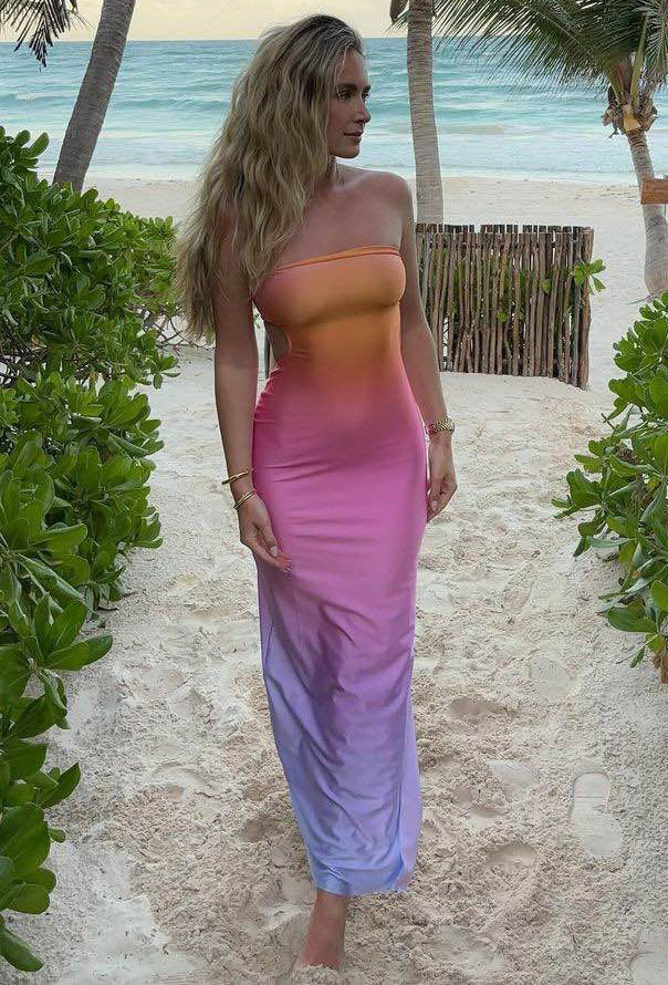 Women Summer Casual Sexy Ombre Print Strapless Long Dress 3