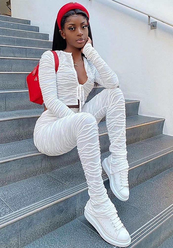 Women Autumn Solid Lace-up Wavy Stripe Crop Top and Pants Two-piece Set