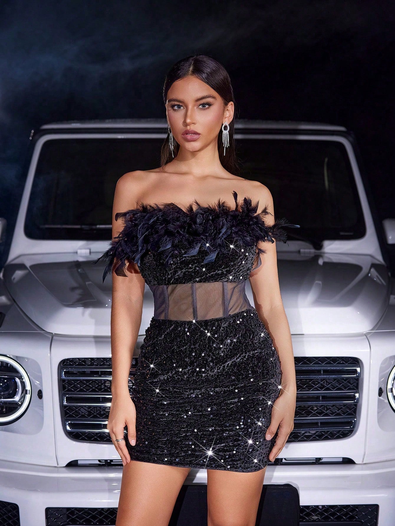 Women Sexy Strapless Black Sequined Feather Patchwork Sequined Formal Party Bodycon Dress 5