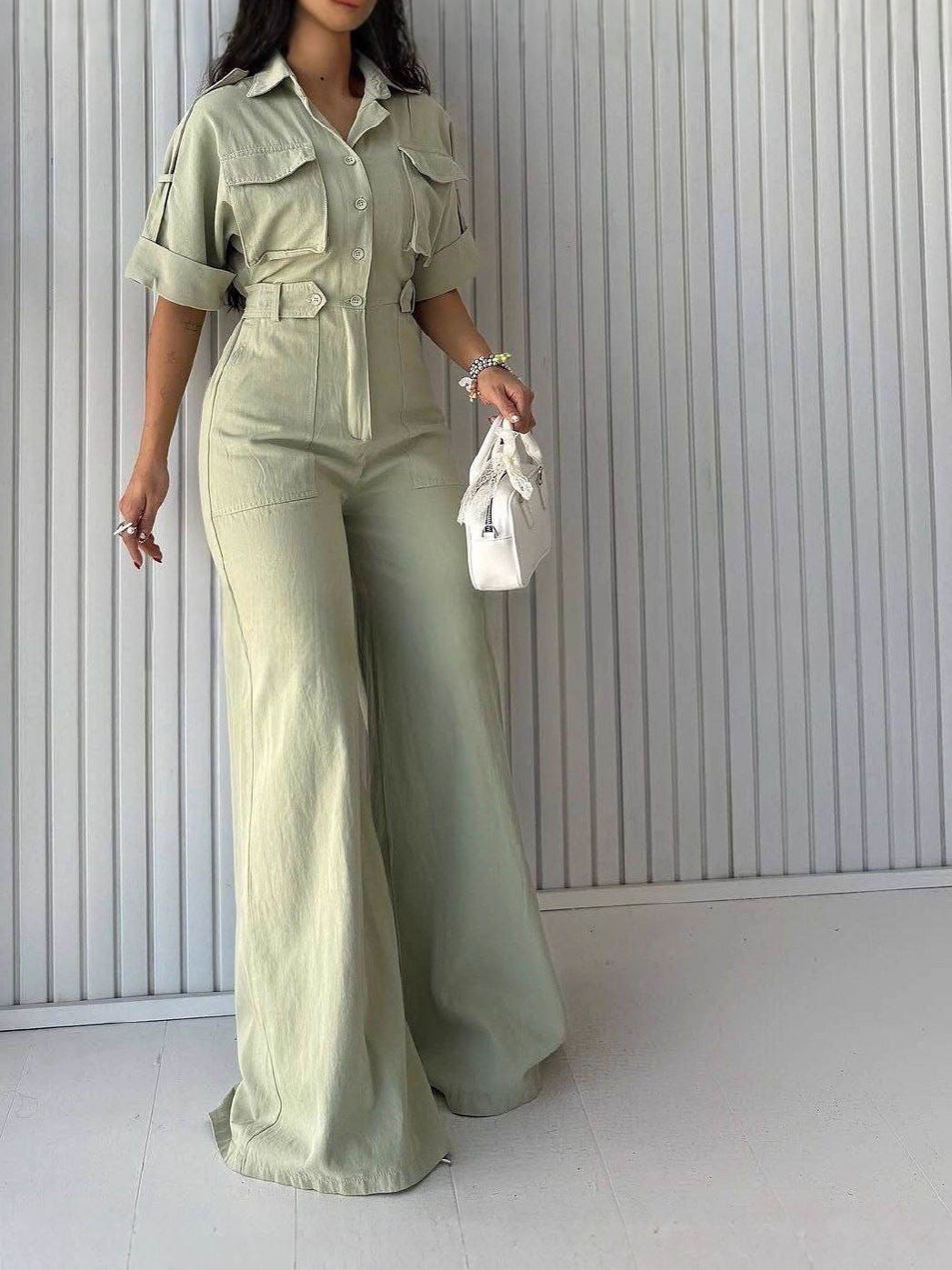 Women Turndown Collar Cargo Wide-Leg Jumpsuit 6