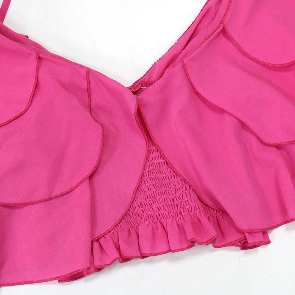 Fashion Sexy Solid Color  V-Neck Long Sleeve Ruffled Layer Top 7