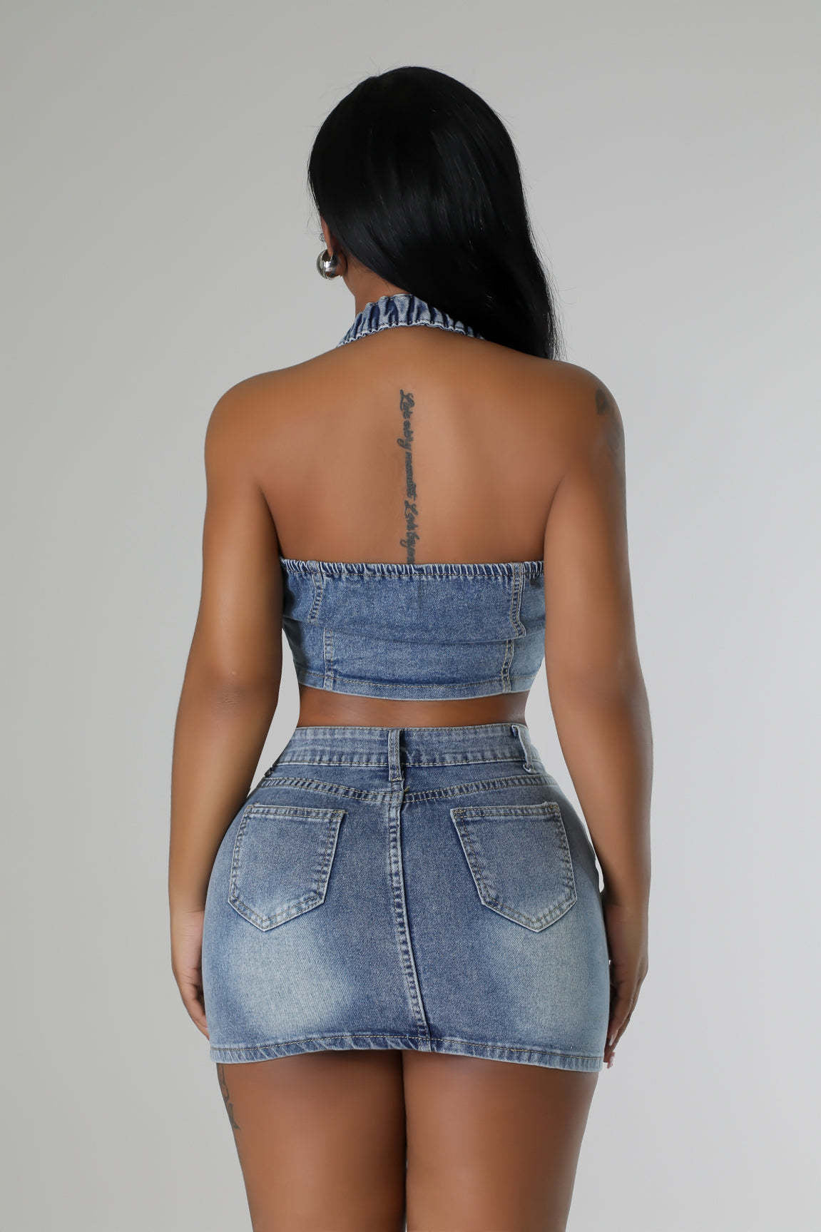 Women denim cross embroidery casual stretch denim top and skirt two-piece set 3