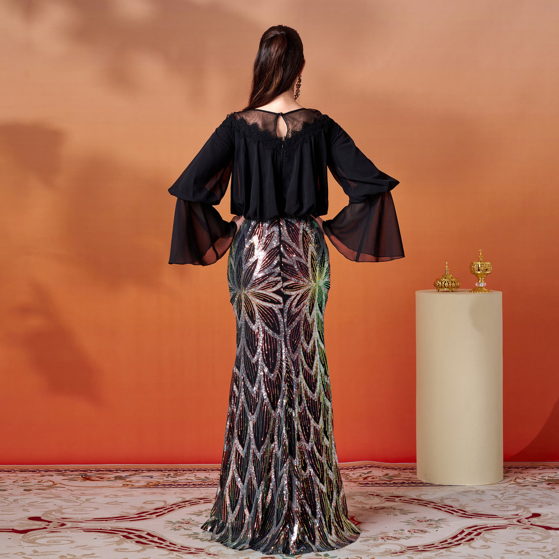 Women Long Sleeve Round Neck Sequin Formal Party Bodycon fishtail evening dress 4