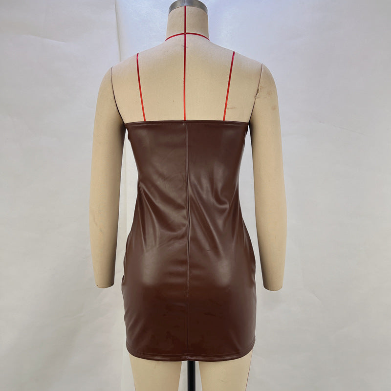 Women Strapless PU-Leather Zippered Winter Bodycon Dress 9