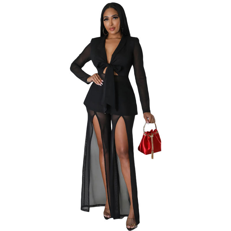 Sexy Solid Color Long Sleeve Slim Waist Tie-Detail Blazer Slit Pants Two-Piece Set 10