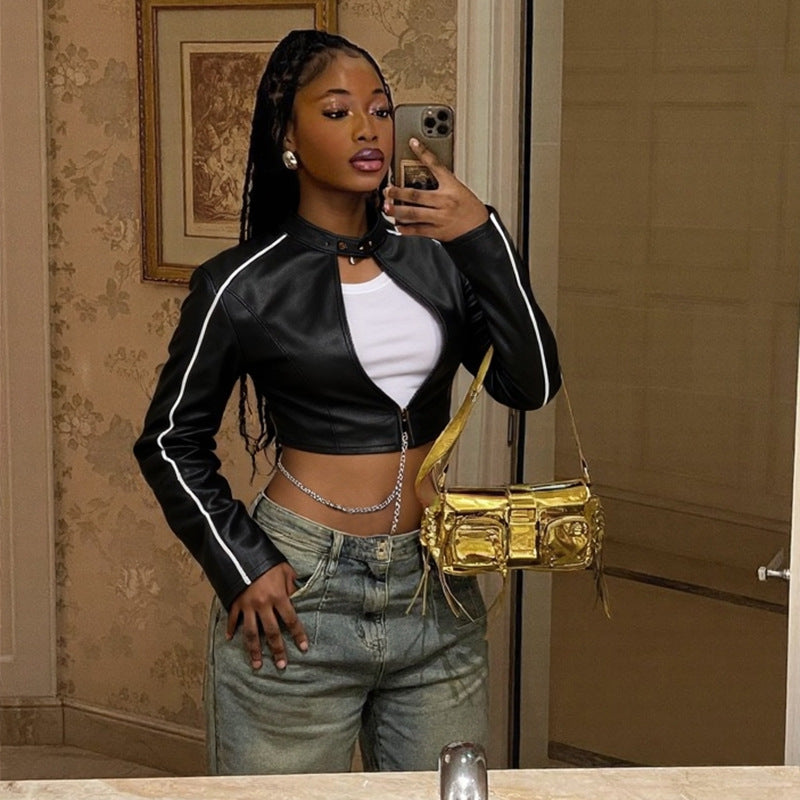 Women autumn PU leather zippered long-sleeved jacket 7