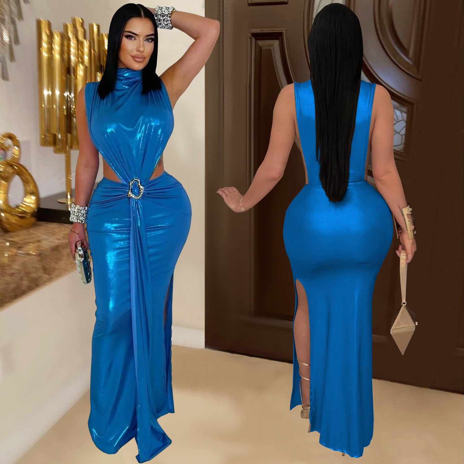 Women Sexy Elegant High-Neck Slit Dress 3