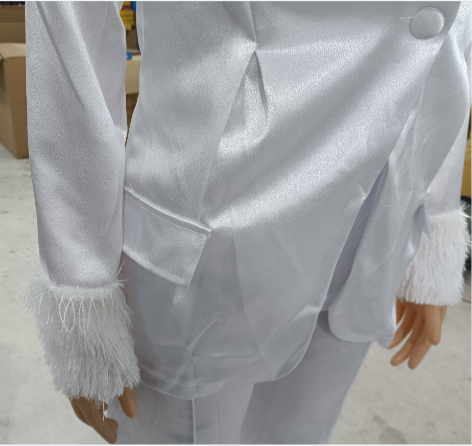 Women's Fashion Two-piece Blazer and Pants Suits with Feather 8