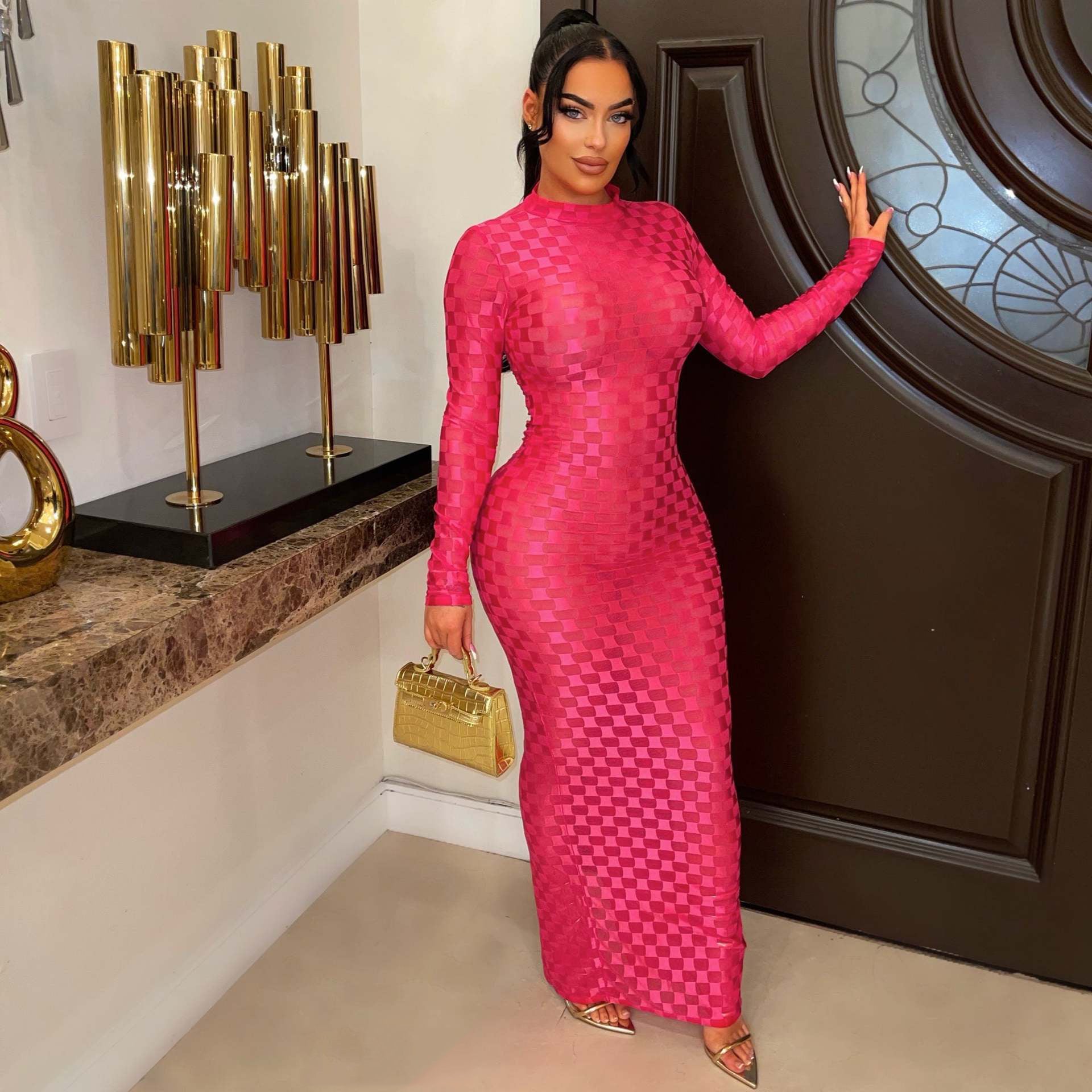 Women's Fashion Mesh Round Neck Slim Fit Long Dress