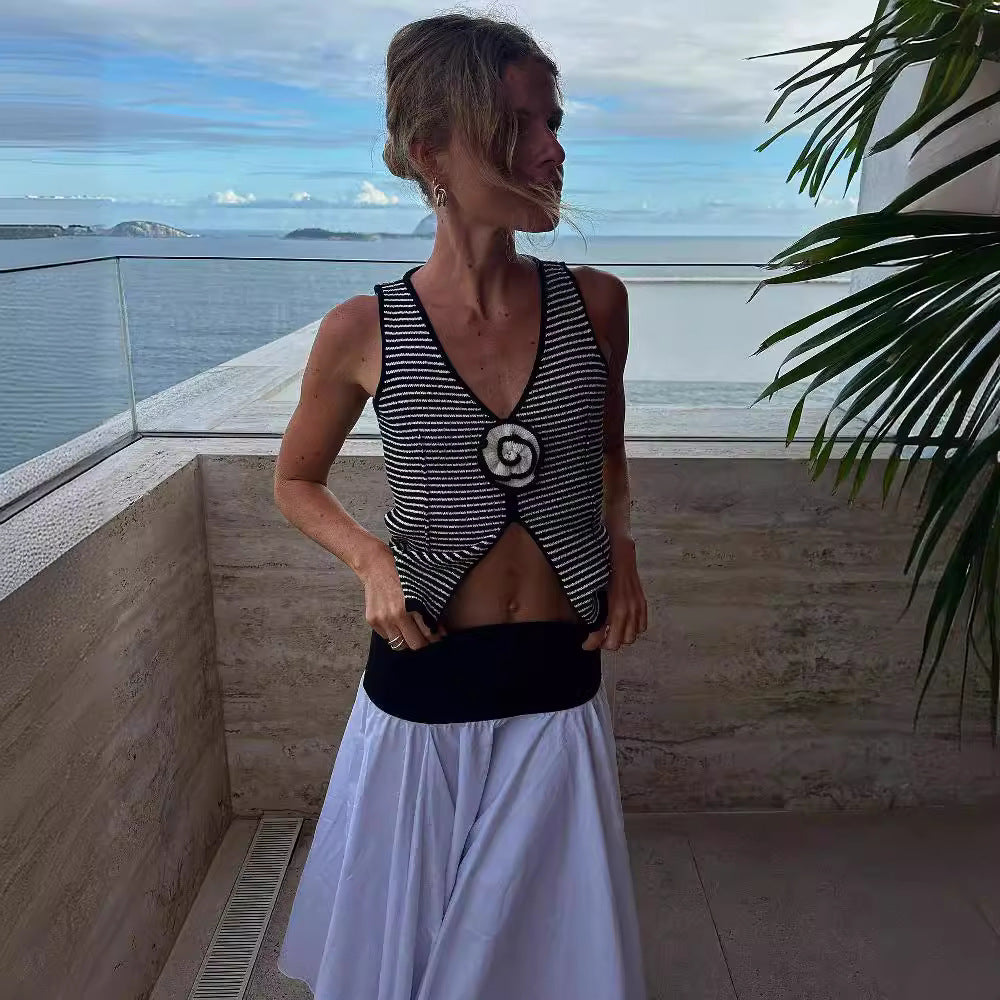 Women Striped Flower V-Neck Slit Sleeveless Knitting Vest Top