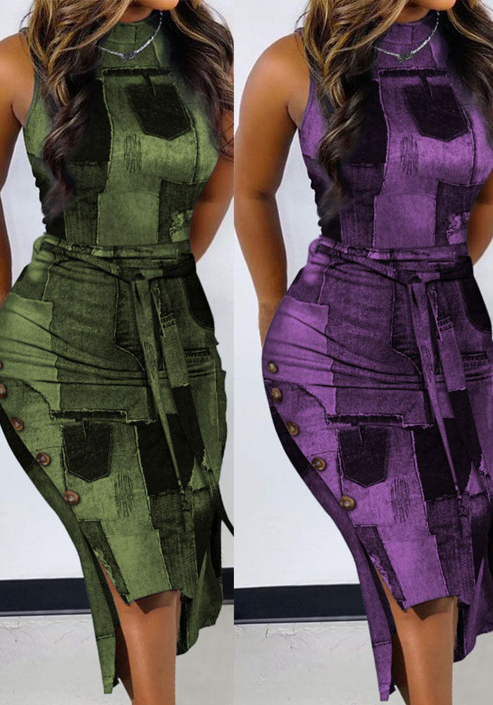 Round Neck Leather Split Dress