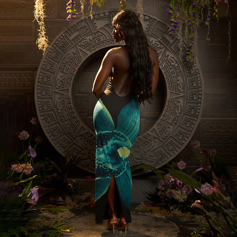 Women Summer Sexy Flower Print Halter Neck Crop Bodycon Dress 4