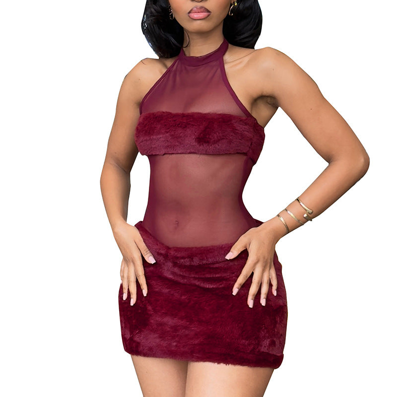 Women Fall/Winter Sexy Mesh See-Through Patchwork Furry Sleeveless Backless Dress 16