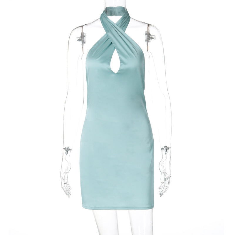 Summer Solid Color Sleeveless Sexy Halter Neck Low Back Bodycon Dress 6