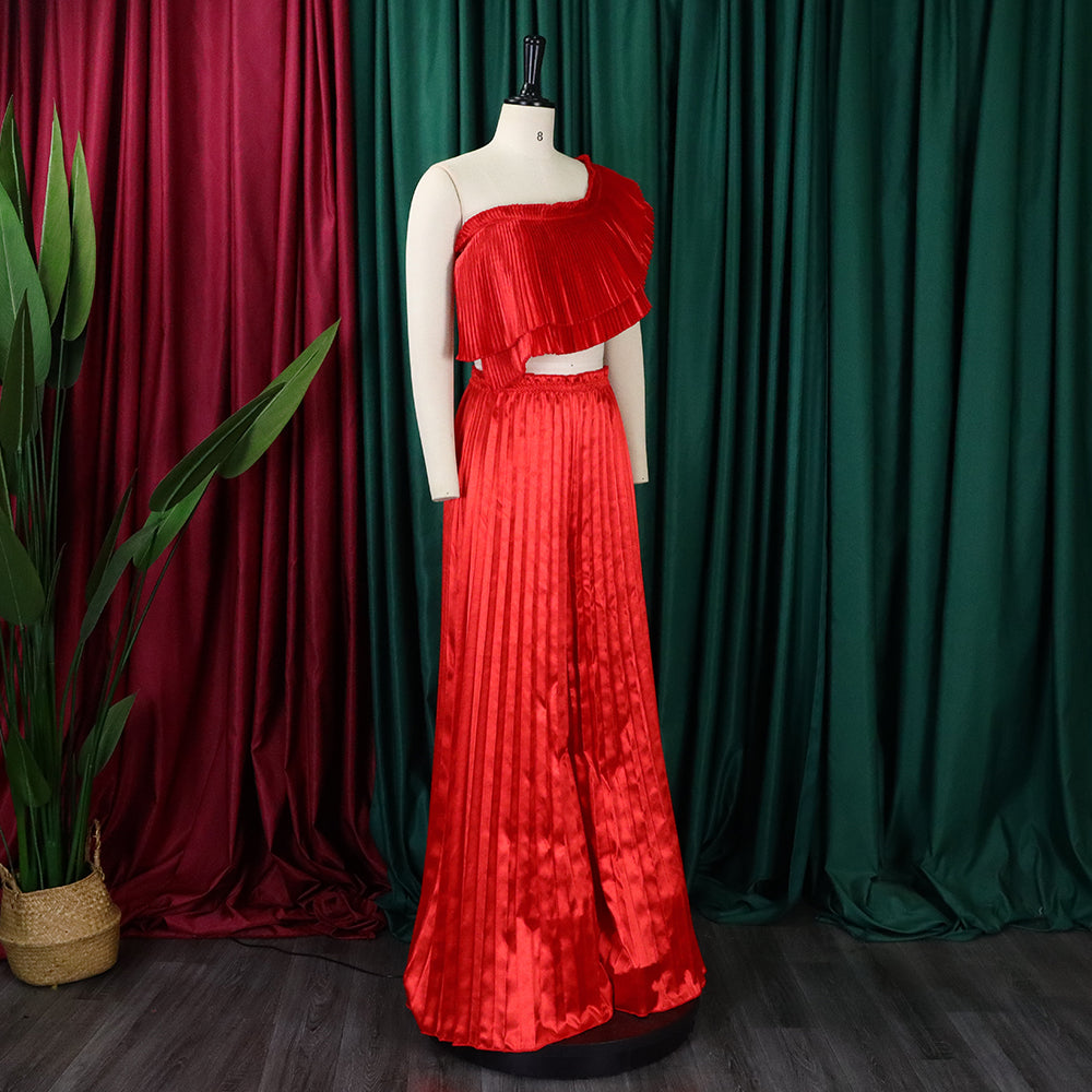 Women's Slash Shoulder Low Back Ruffled Sexy Top Pleated Wide Leg Pant Two-Piece Set 11