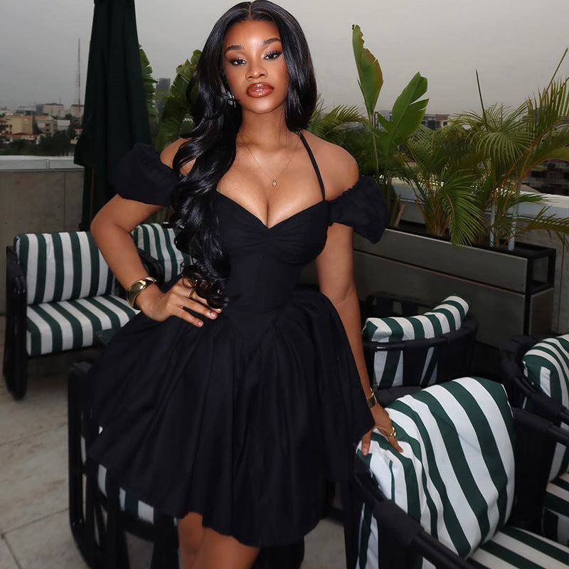 Women's Elegant Chic Solid Slim-Waist Pleated Halter Neck V-Neck Short Dress 5