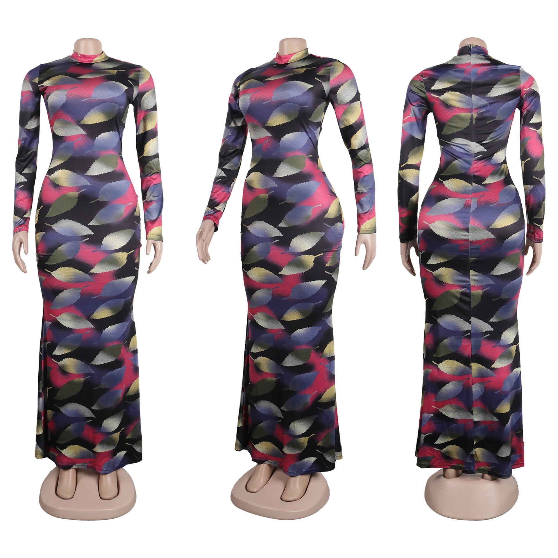Sexy Printed Stretch Round Neck Long Sleeve Bodycon Tight Fitting Mermaid Long Dress 26