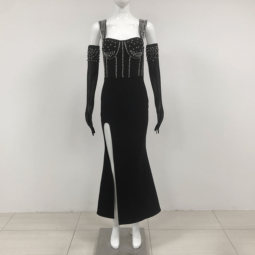 Beaded Strap Slim High Slit Formal Party Evening Dress