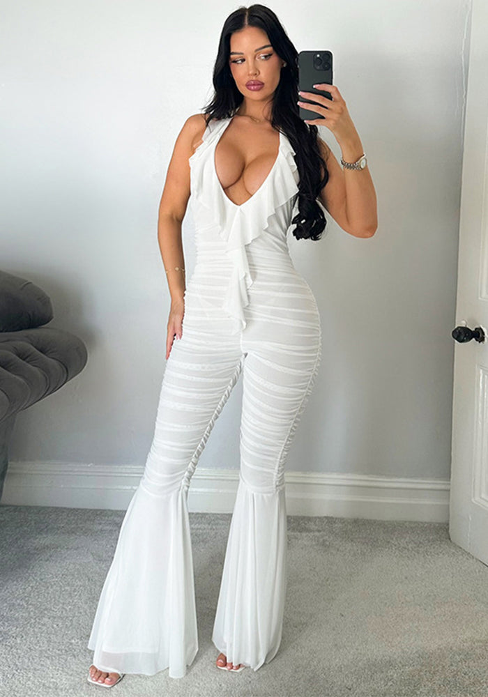 Women's Spring and Summer Deep V-Neck Halter-Neck Lace-Up Low-Back Gathered Bell-Bottom Jumpsuit