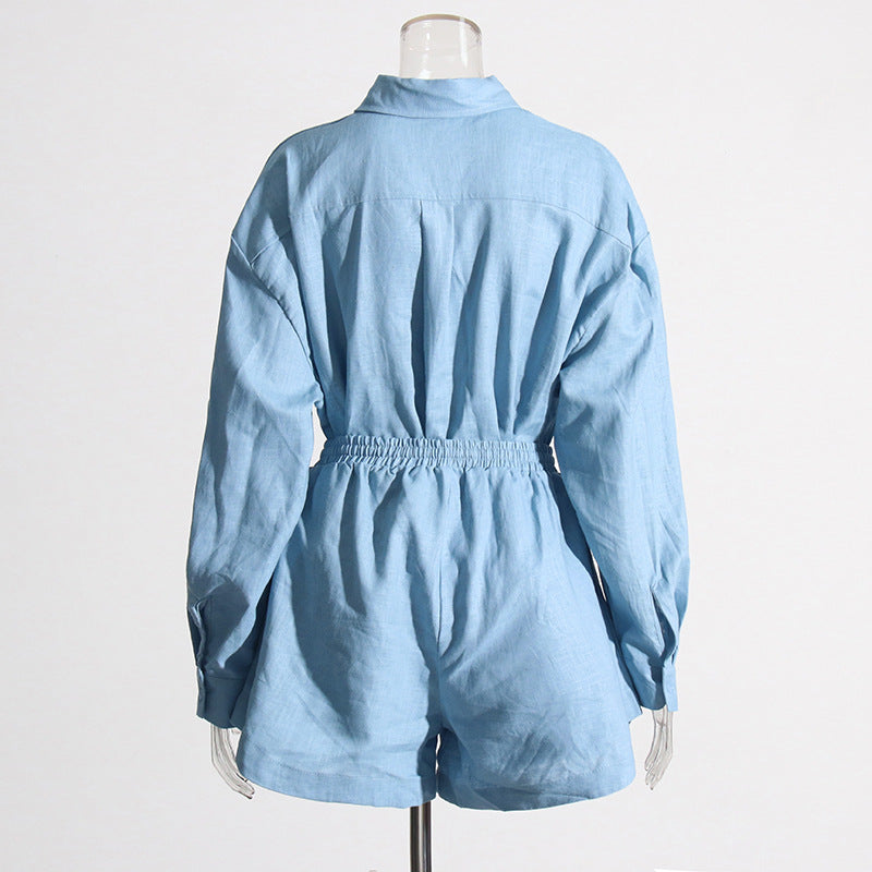 Women Turndown Collar long sleeve solid shirt Top and Casual shorts two-piece set 20