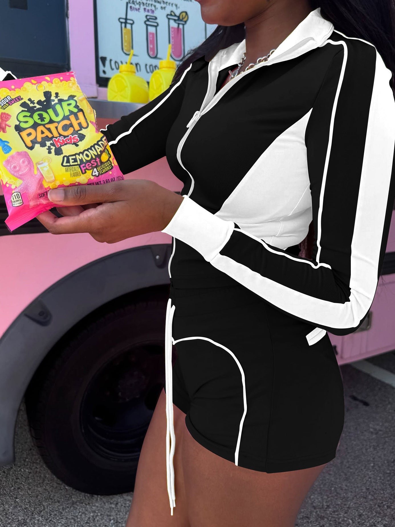 Women Summer Contrast Color Patchwork Long Sleeve Top and Shorts Sports Two-piece Set 8