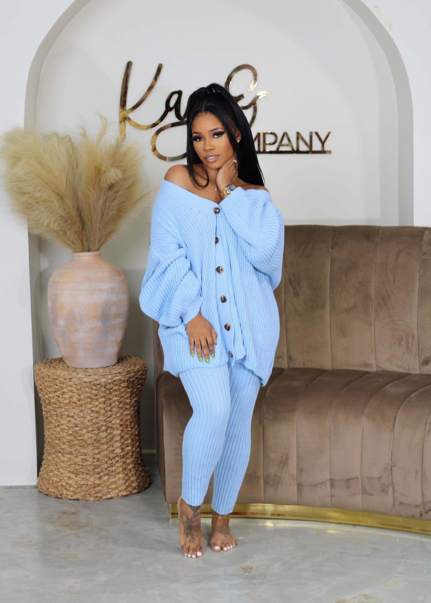 Women Fall/Winter Solidv-neck Button Cardigan Sweater and Pants Two-piece Set 5