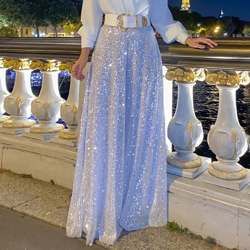 Women V-neck long-sleeved and sequined wide-leg Jumpsuit （with Belt） 7