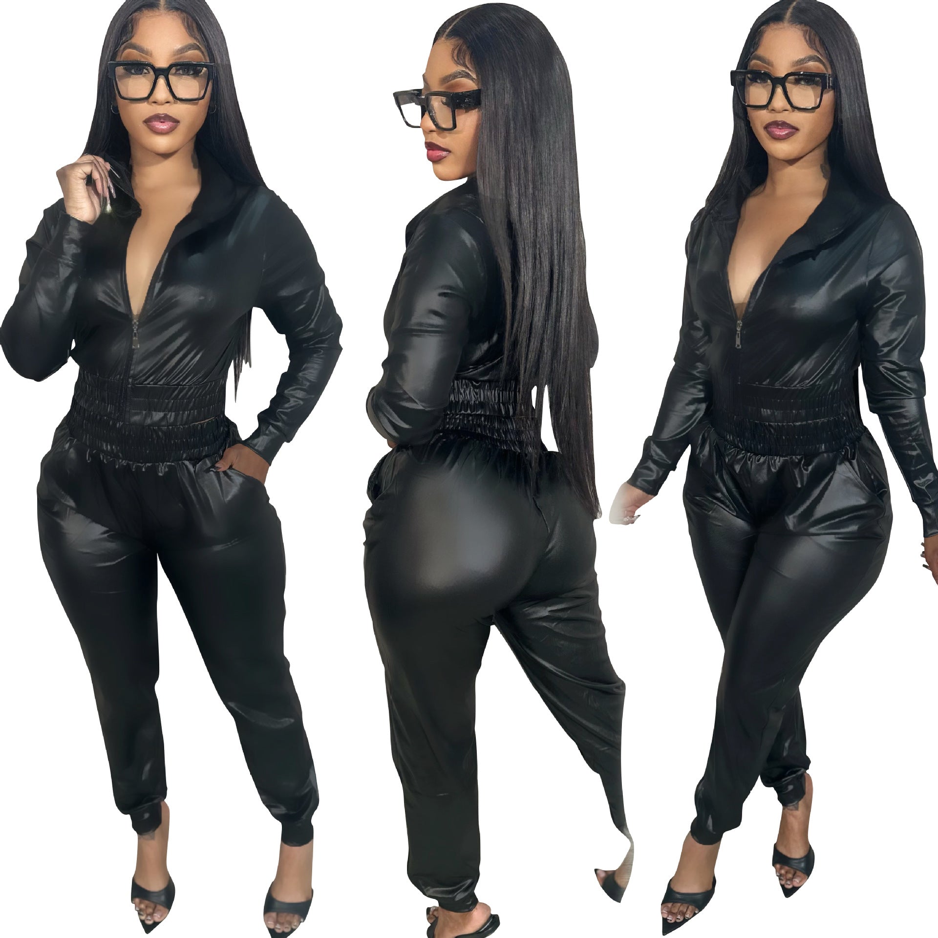 Women Casual PU-Leather Hooded and Pant Two-piece Set 7