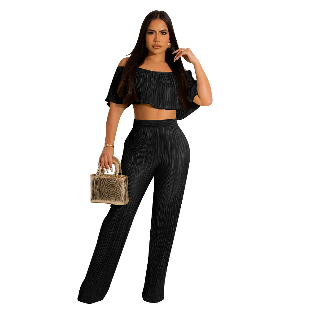 Women's Pleated Ruffle Off Shoulder crop top Wide Leg Pants two piece Set 11