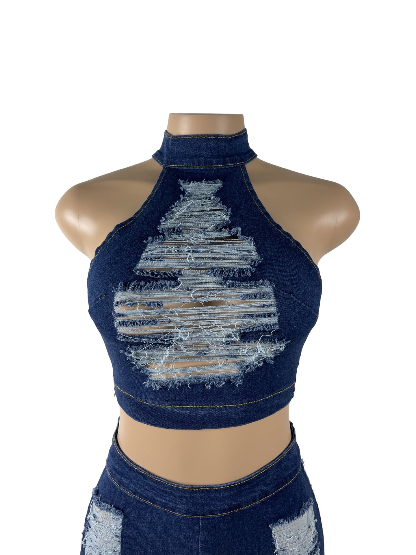 Women Stretch Ripped Strapless Denim Top and Denim Shorts Set of Two 19