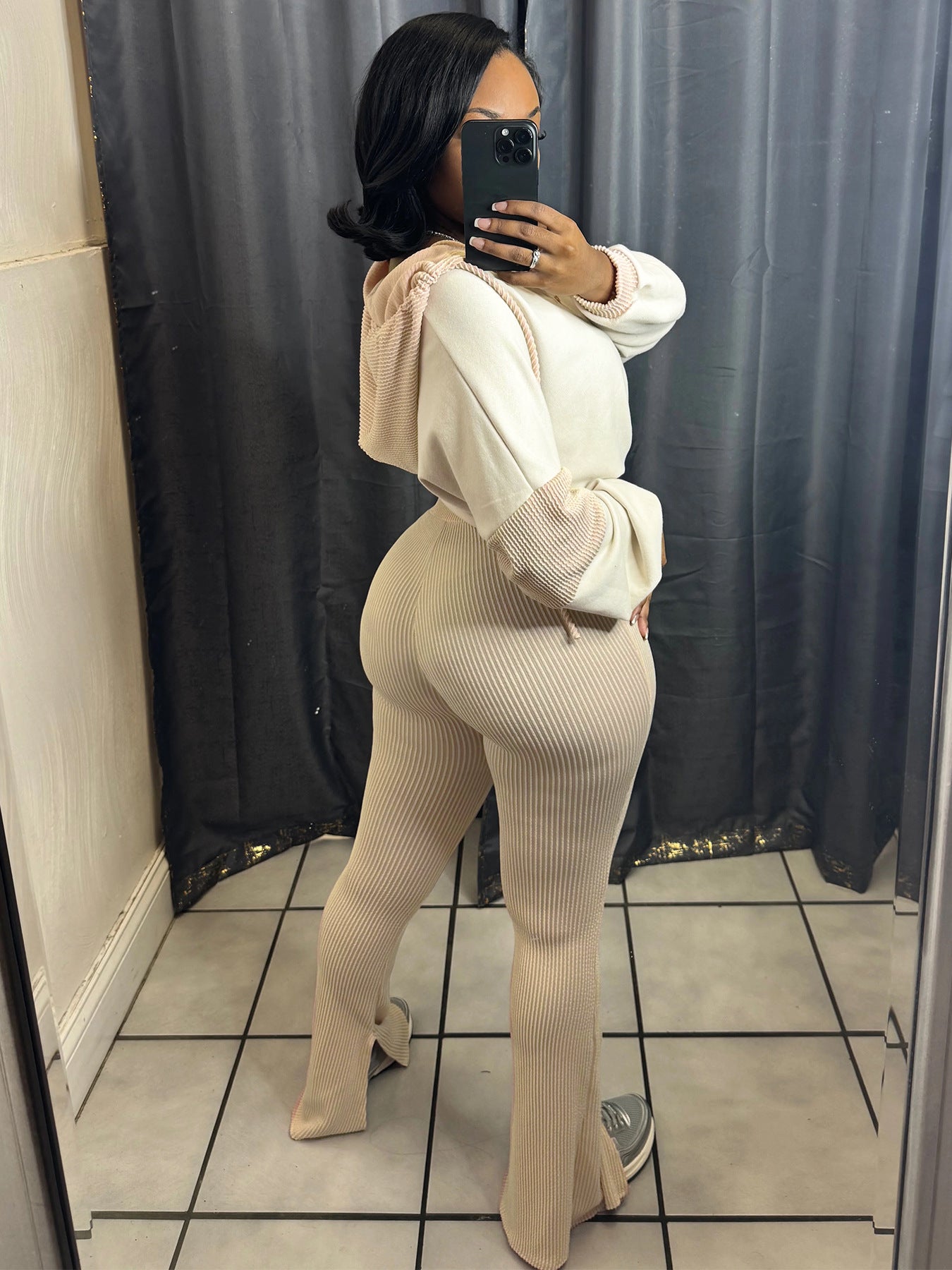 Twist Strip Hoodie Bell Bottom Pants Patchwork Two Piece Set 6