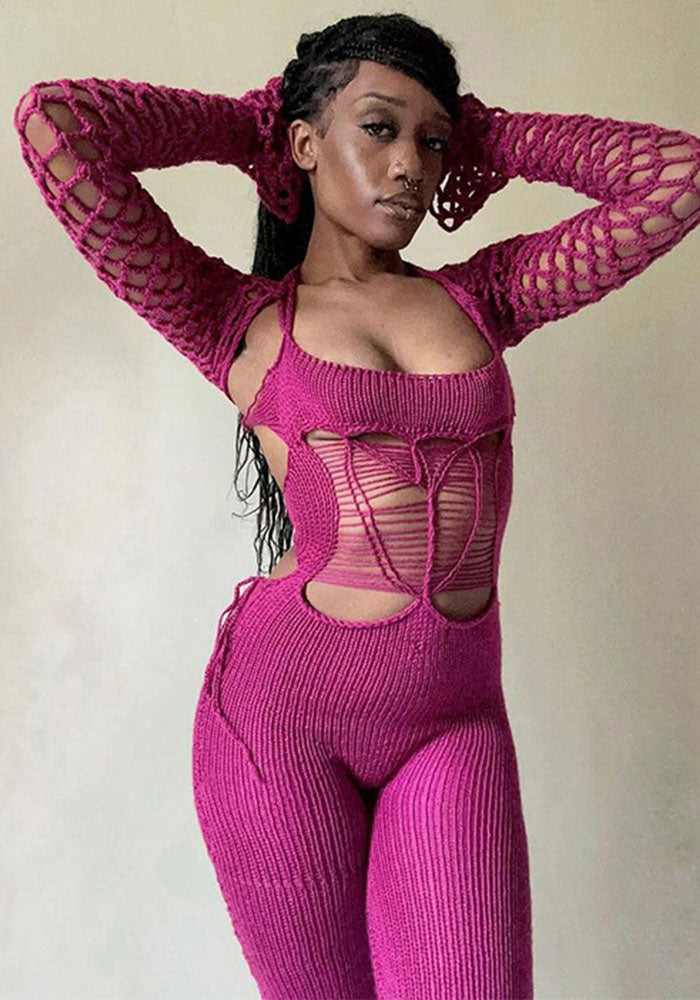 Spring Fashion Style Street Sexy Hollow See-Through High Waist Tight Fitting Low Back Jumpsuit 3