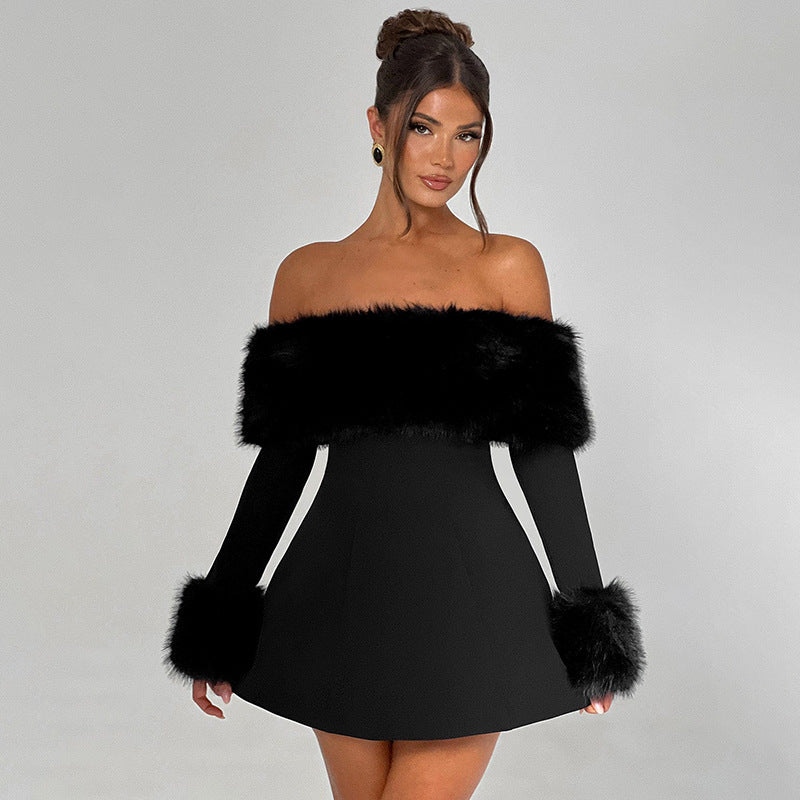 Women Fall Winter Off Shoulder fur collar sexy Dress 3