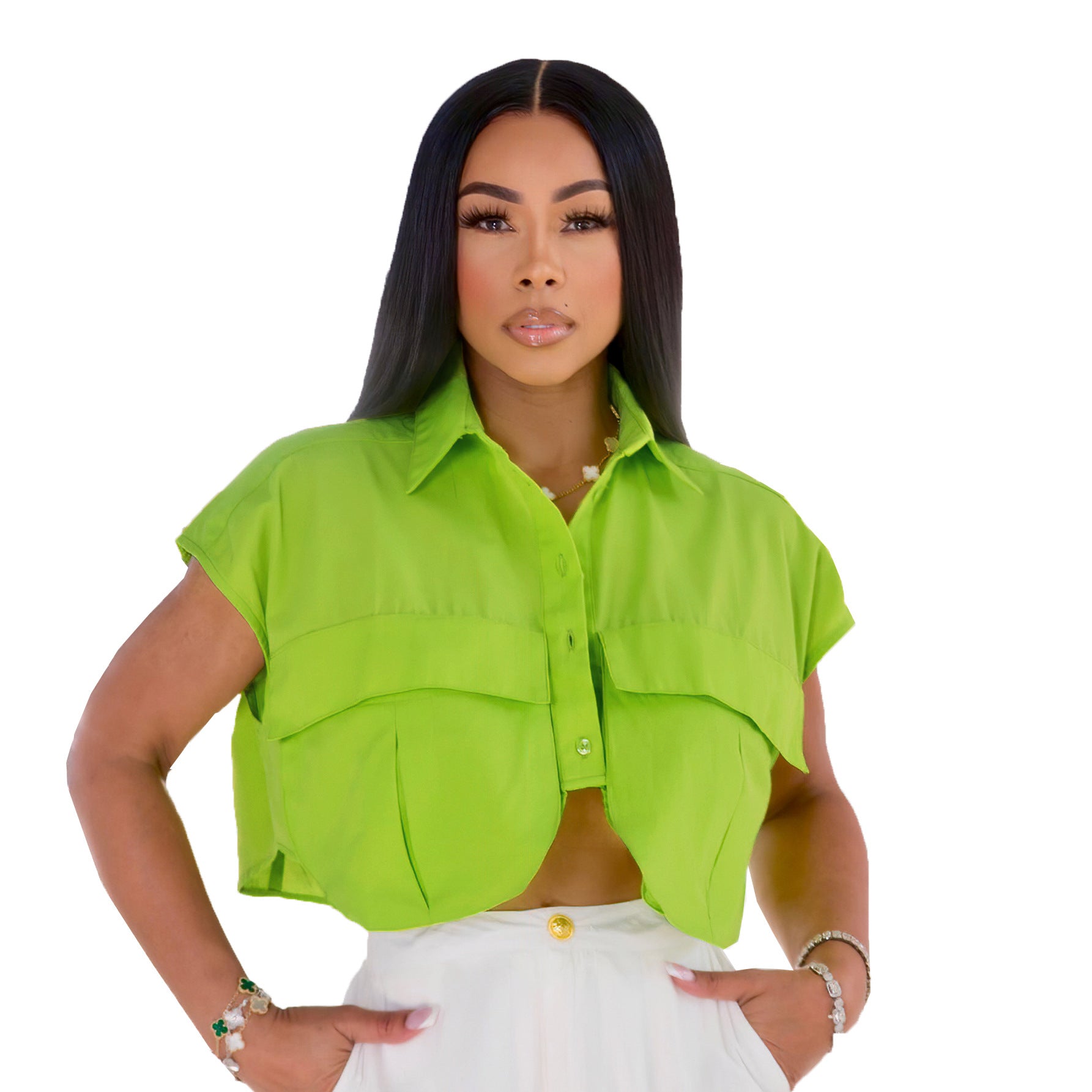 Sexy Solid Color Pocket Patchwork Irregular Loose Single Breasted Shirt 3