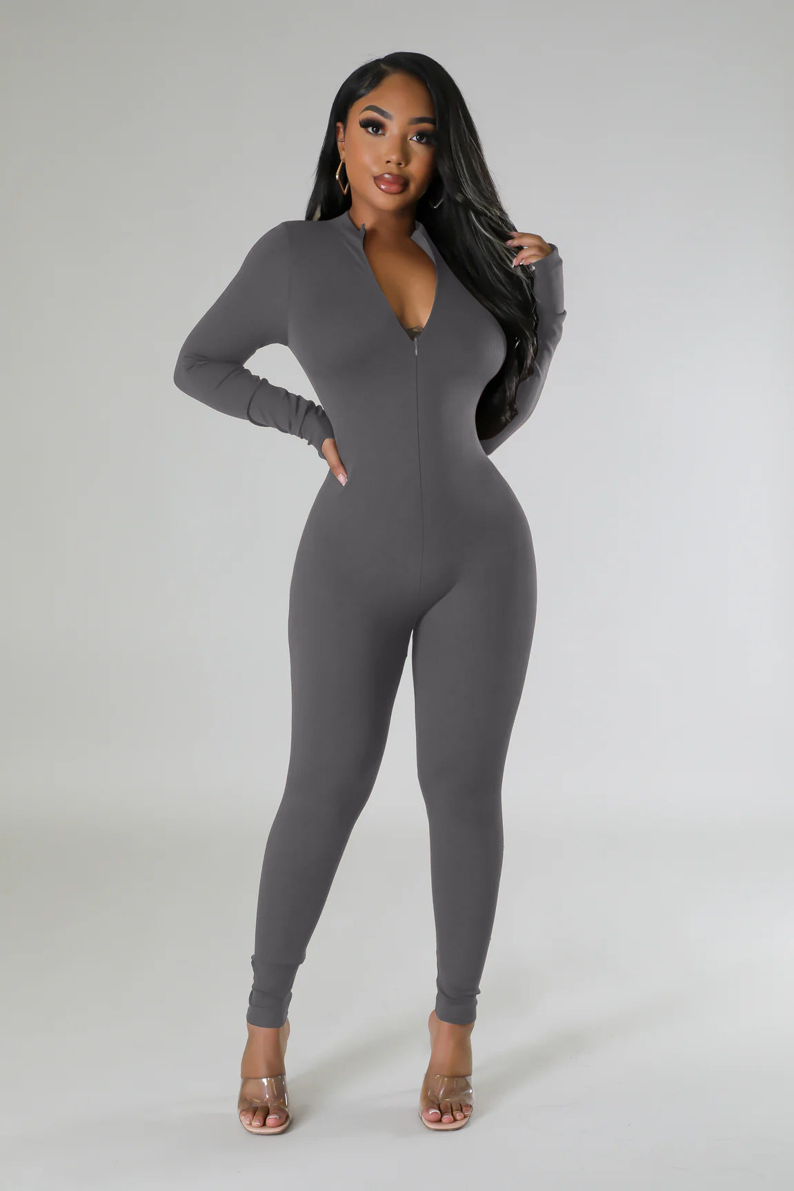 Autumn Winter solid color long sleeve tight slim casual zipper sports jumpsuit 6