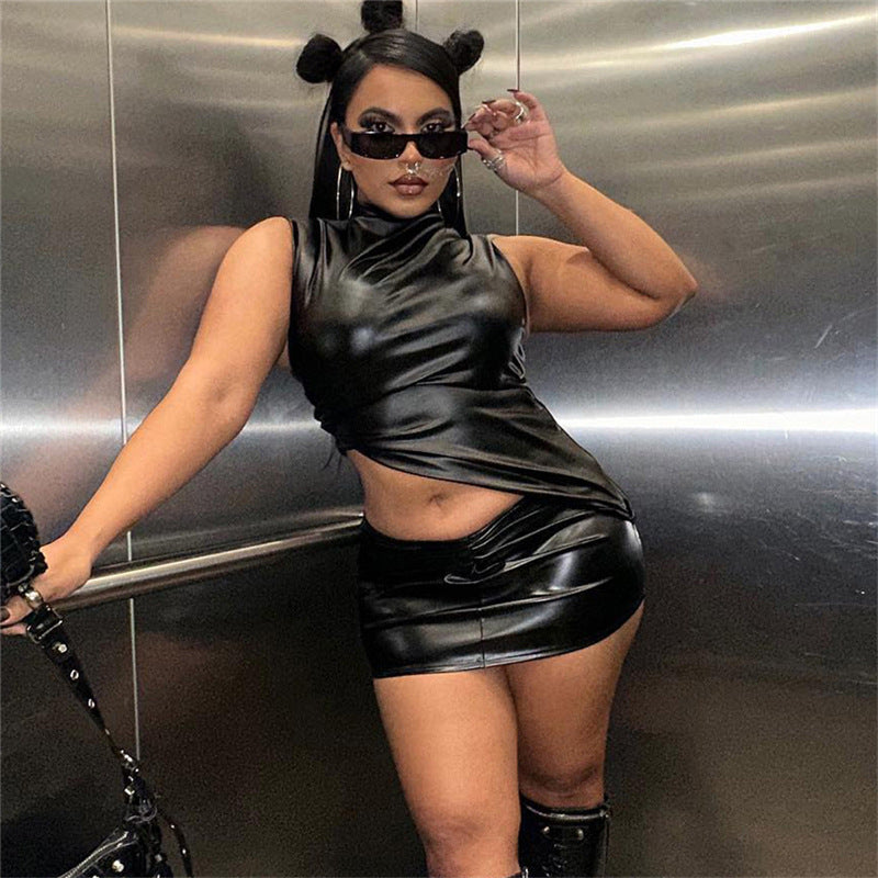 Women Summer Black Pu-Leather Stand Collar Sleeveless Pleated Irregular Top and Bodycon Skirt Two-Piece Set